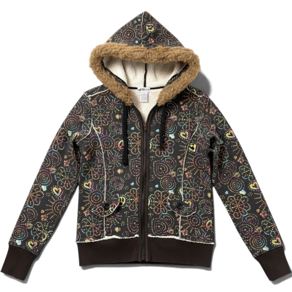 Self Esteem Y2K Black Sherpa Hoodie Womens L Rainbow Peace Heart Faux Fur Zip Up - Picture 2 of 16